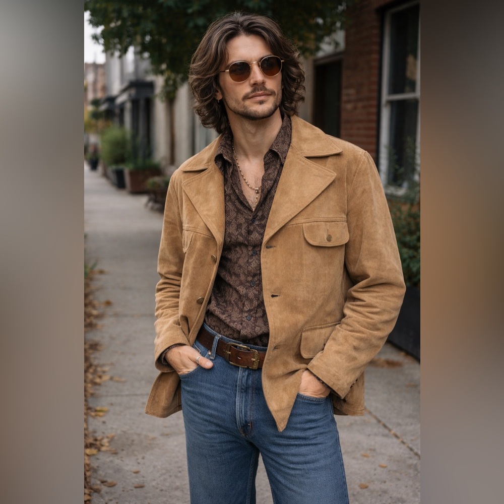 Vintage Tan Suede Coat – Men’s Size 46 – Worn-In Patina, Classic Western Style